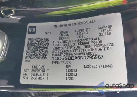 2022 Chevrolet Colorado 2Wd Short Box Wt z USA, uszkodzony, nr VIN 1GCGSBEA6N1295967